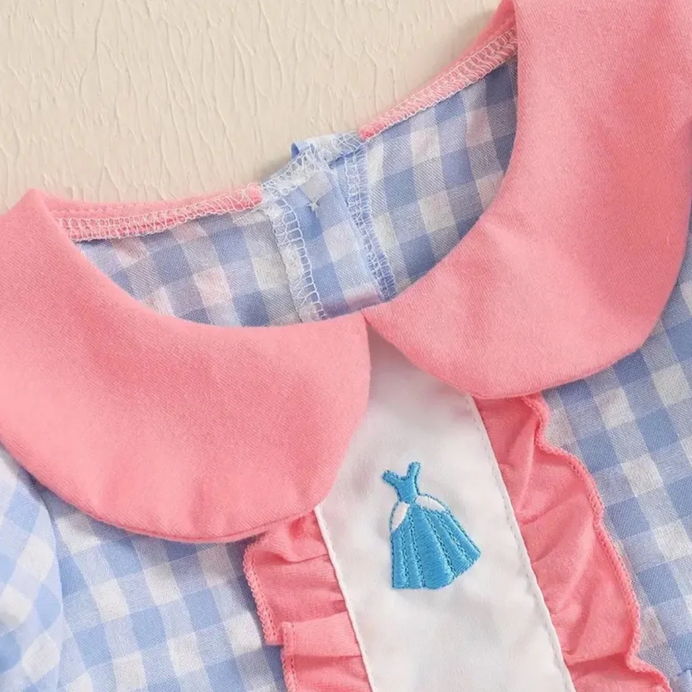 Princess Castle Disney Design Pink & Blue Gingham 6-12 Months Peter Pan Collar